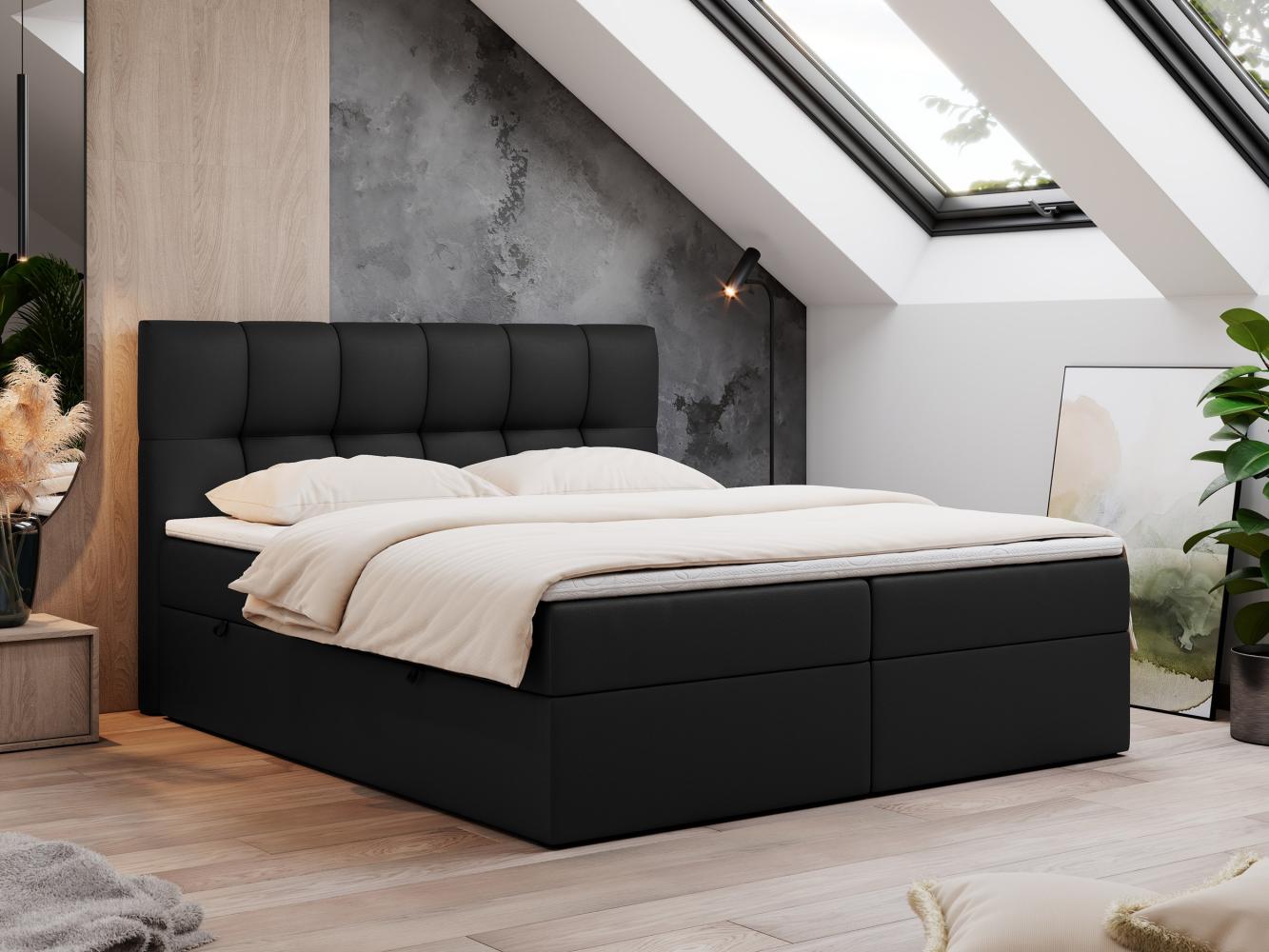 Boxspringbett mit Kopfteil und Topper, Doppelbett - RICO - 160x200cm - Schwarz Kunstleder - H3 Bild 1