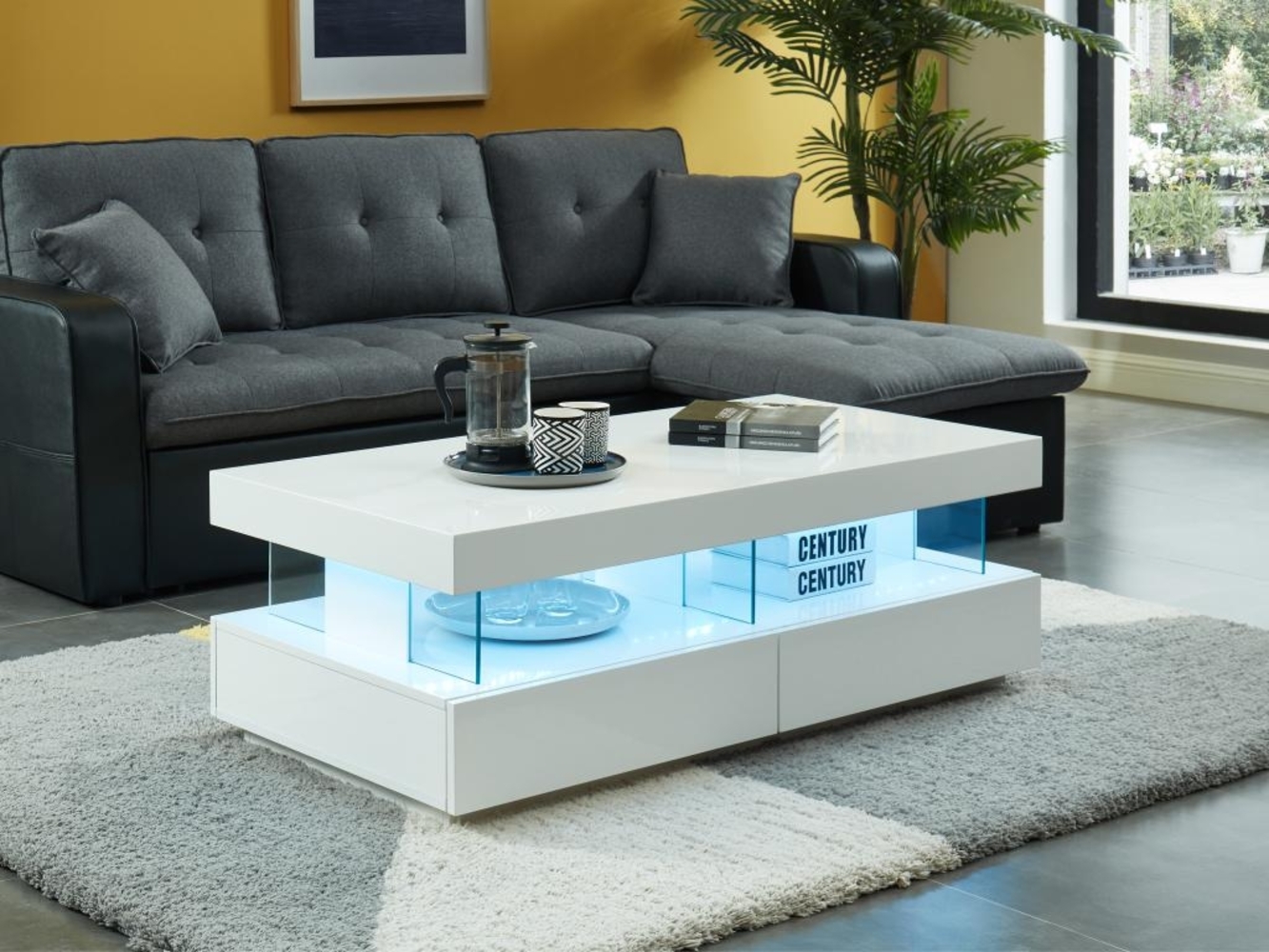 Vente-unique - Couchtisch mit 2 Schubladen & 2 Ablagen + LEDs - MDF lackiert - Weiß - FABIO Bild 1