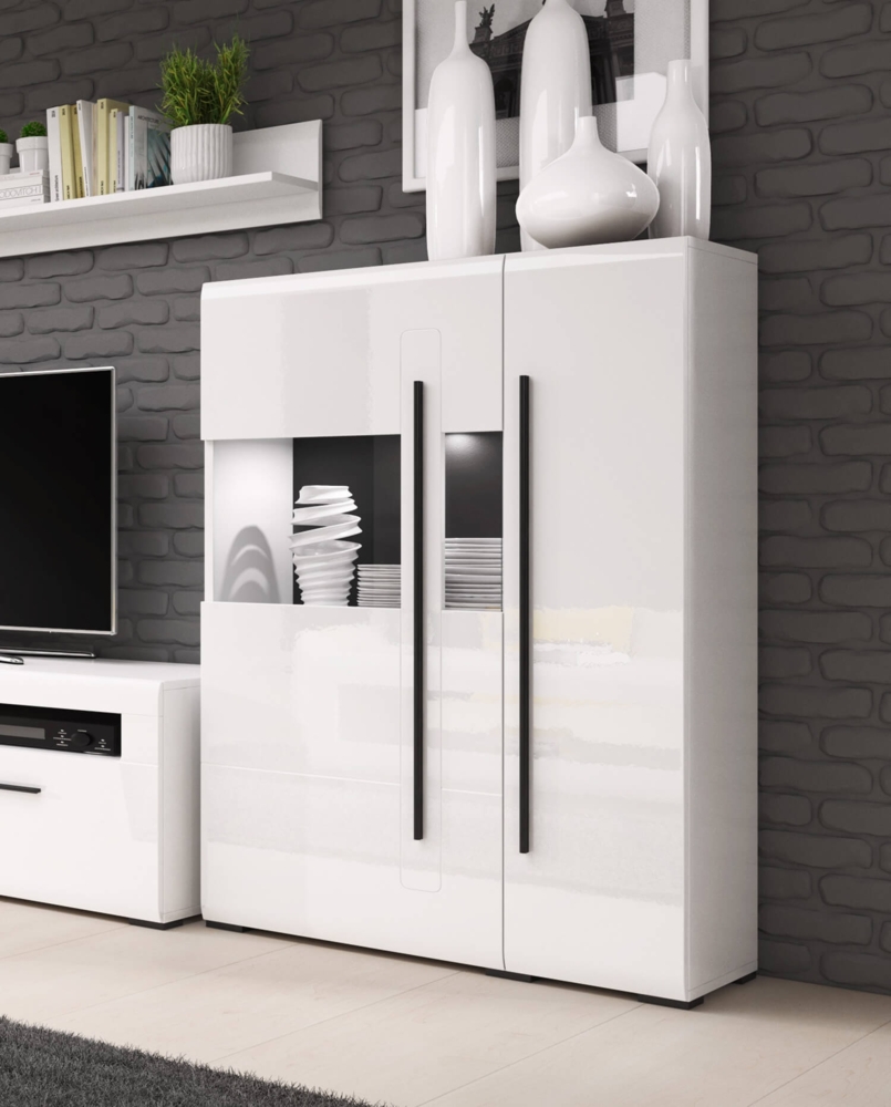 Highboard Tulsa Vitrinenschrank 2-türig MDf 90x39x139cm Weiß Hochglanz Bild 1