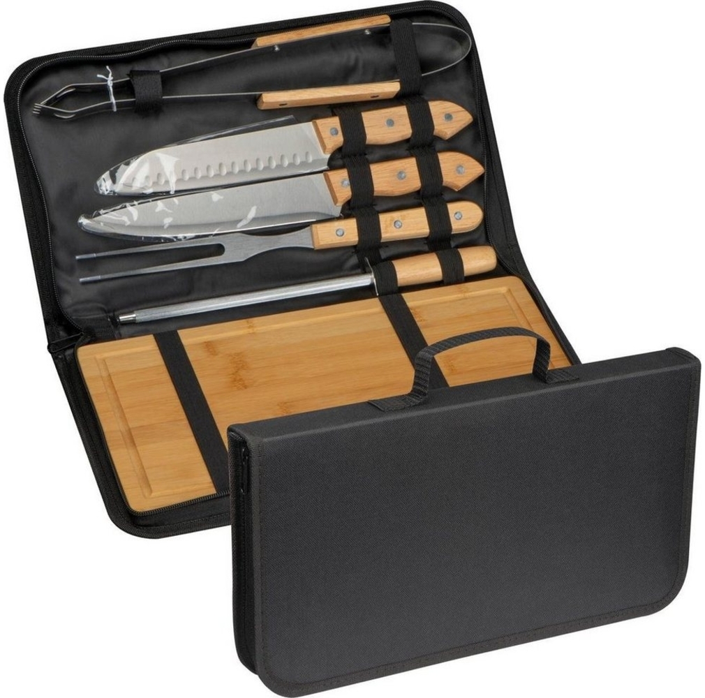 Macma Schneidebrett BBQ Set / mit Holzbrett, Messern, Grillzange, Fleischgabel, Messerschä Bild 1