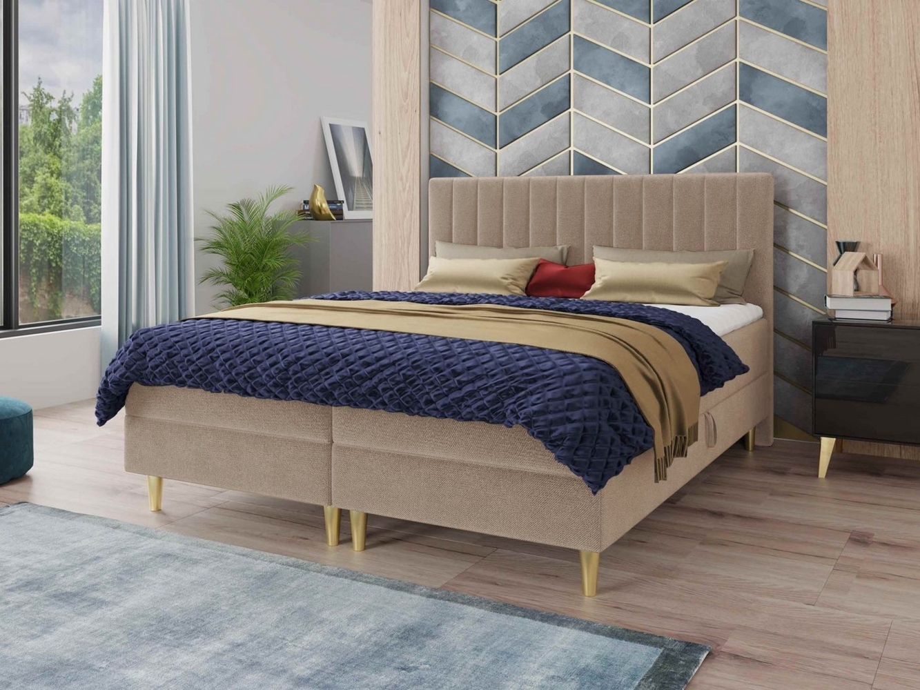 Boxspringbett Gold mit 2 Bettkästen und Topper - Doppelbett, Bonell-Matratze, Polsterbett, Bett mit Matratzentopper, Schlafzimmer, Velours Stoff (Beige (Manila 02), 160 x 200 cm) Bild 1