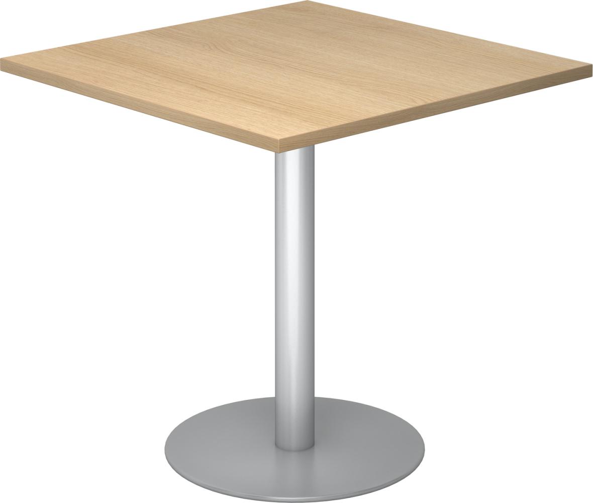 bümö Besprechungstisch, Esstisch klein, Tisch eckig 80x80 cm - kleiner Esstisch Eiche, Rundtisch Esstisch 2 Personen mit Holz-Platte, Säule aus Metall in silber, Konferenztisch, Bistrotisch, STF88-E-S Bild 1