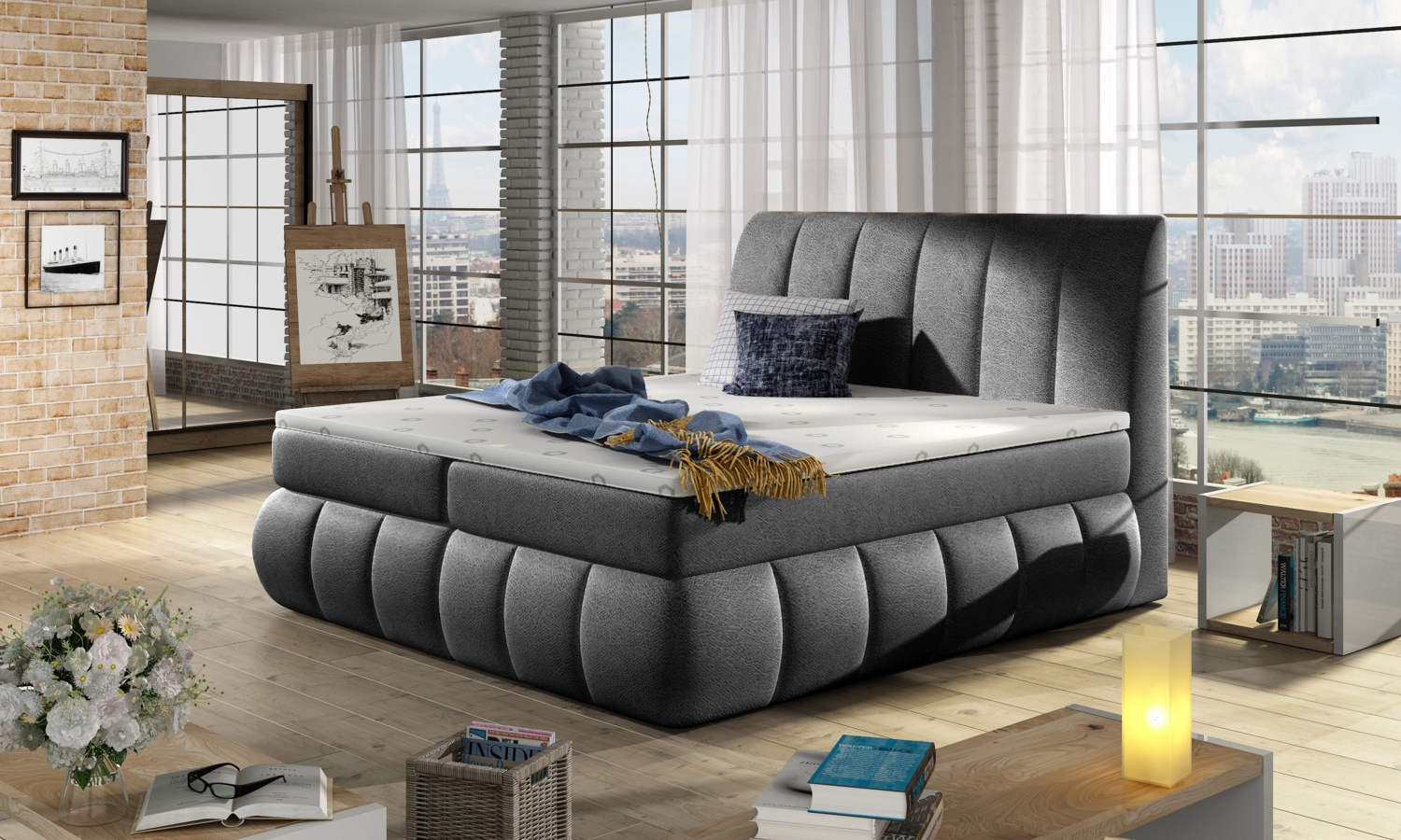 Vincenzo 140X200, Boxspring Bett, Dunkelgrau Bild 1