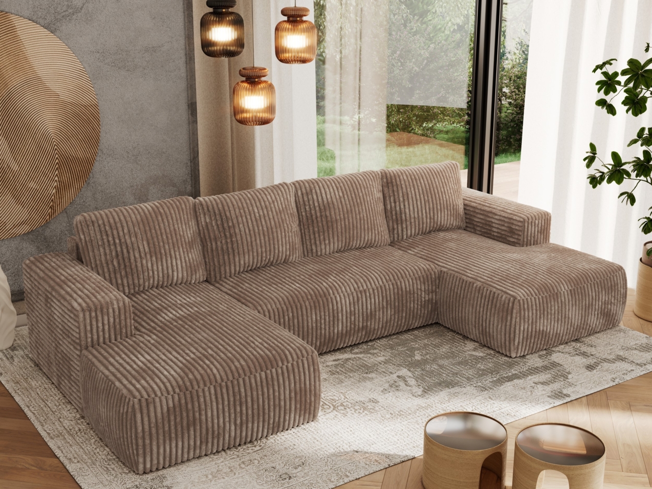 U-förmiges Ecksofa mit Schlaffunktion, Bettkasten und losen Kissen, zwei Armlehnen - TRENTINO U - Braun Cord Bild 1