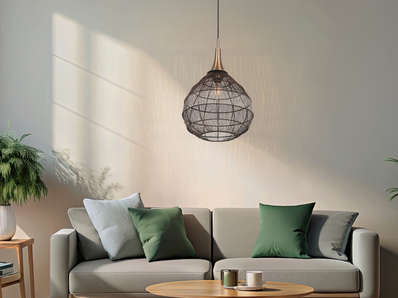 LED Pendelleuchte mit Drahtgeflecht Lampenschirm Altmessing, Ø 42cm Bild 1