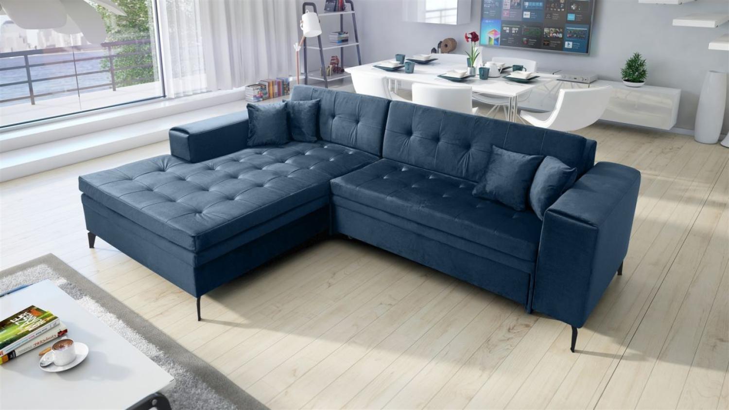 Ecksofa mit Schlaffunktion CHARLES in Stoff Monolith Blau Ottomane Links Bild 1