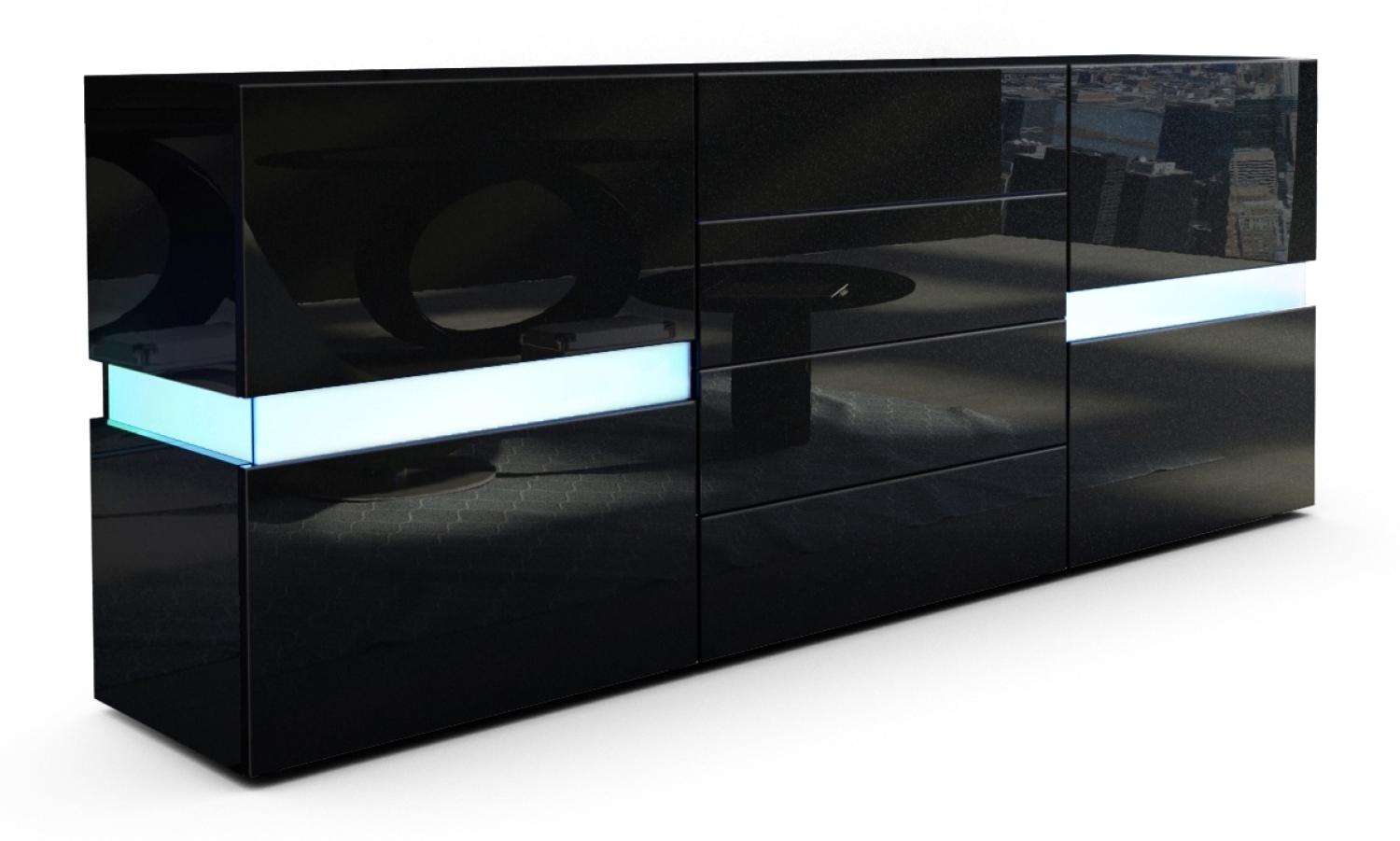 Vladon Sideboard Flow, Schwarz Hochglanz/Schwarz Hochglanz inkl. LED - Moderne Kommode mit Ambient Light Verglasung für Ihr Wohnbereich (177 x 75 x 39 cm) Bild 1