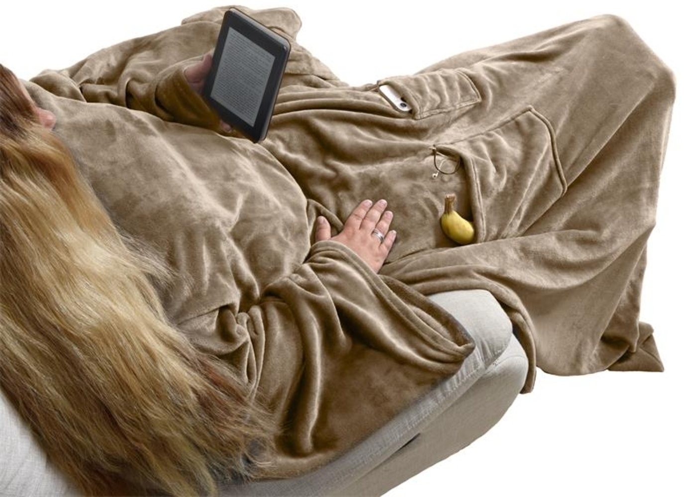 Kuscheldecke Ärmeldecke TV-Decke 170x200 cm XXL mit Taschen und Ärmeln Taupe Bild 1