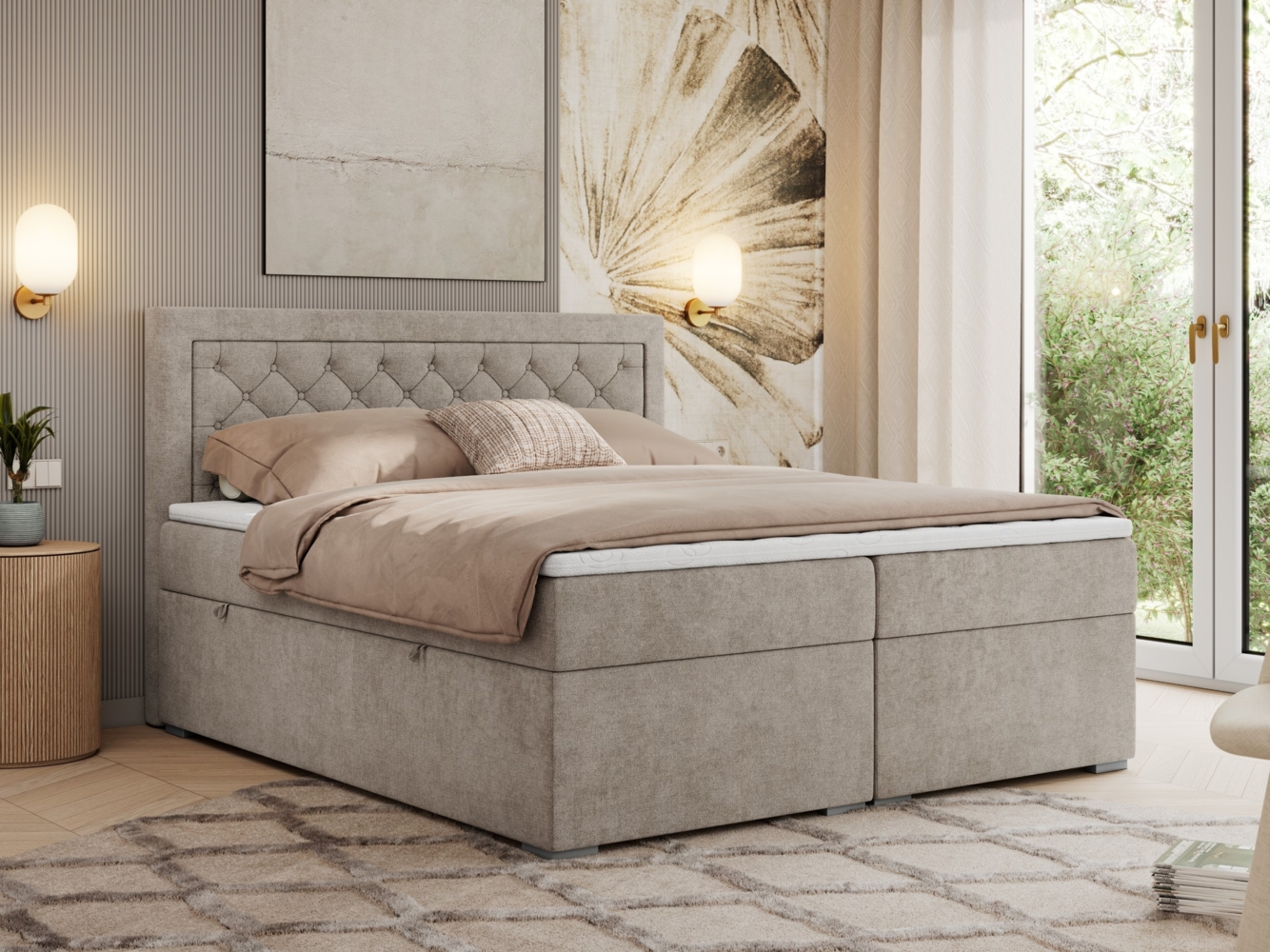 Boxspringbett, Modern Bett mit Multipocket-Matratze und zwei Bettkästen - JASIR - 200 x 200 cm - Beige Stoff - H3 Bild 1