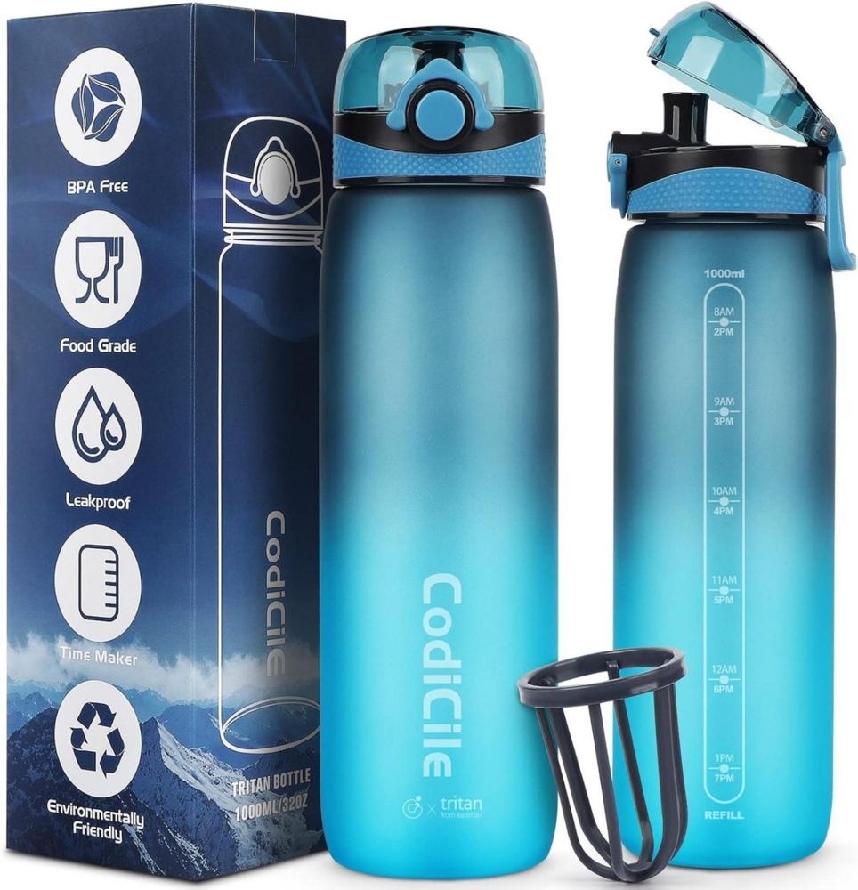 Sport Trinkflasche 1L BPA frei Tritan mit Zeitmarkierung Filter Blau Bild 1