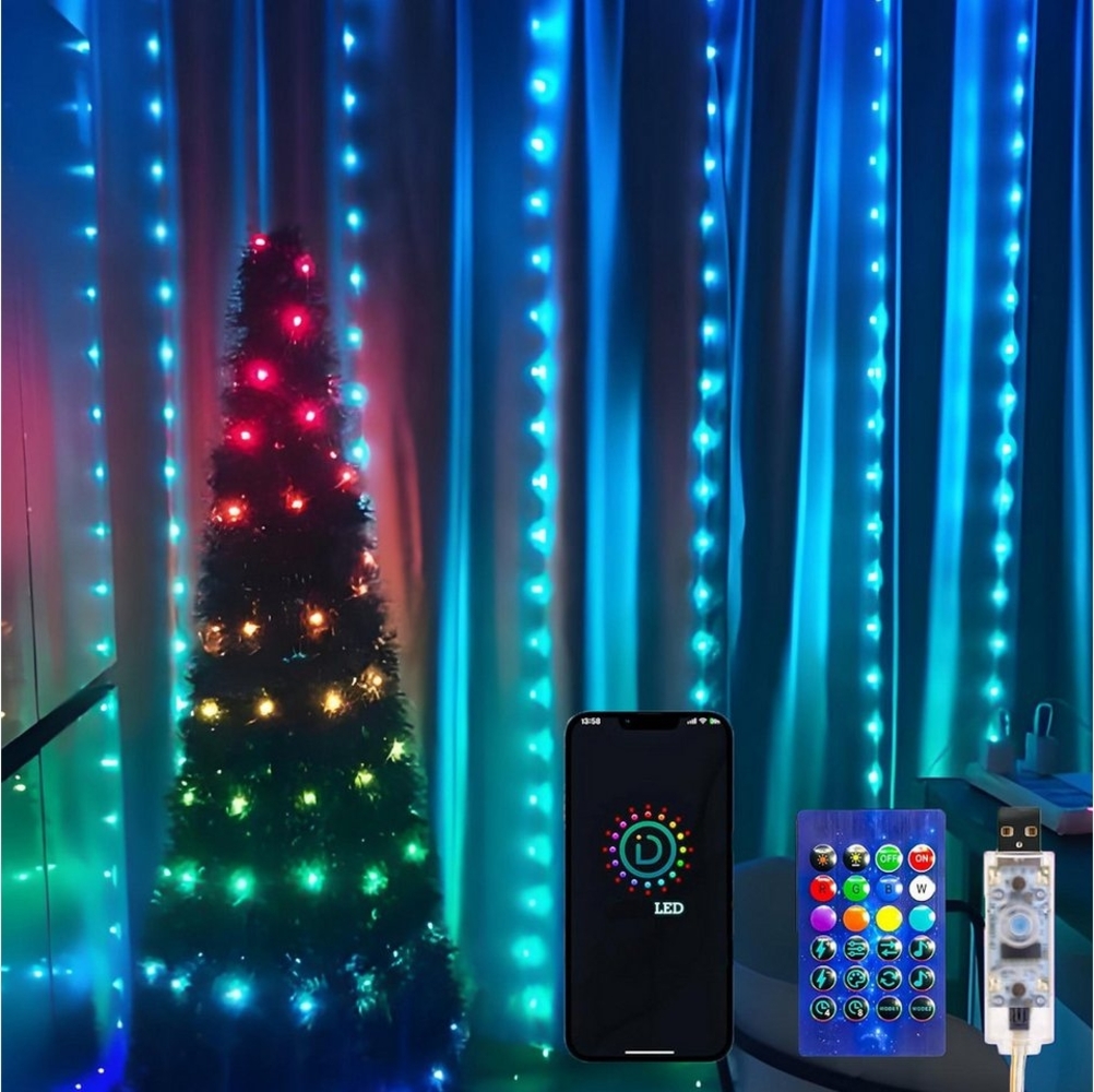 XERSEK LED-Lichtervorhang 2x2M Vorhang Lichterkette mit Fernbedienung, APP Steuerung, Musik Sync, 200 LEDs Smart Lichtervorhang für Schlafzimmer Innen Außen Deko Bild 1