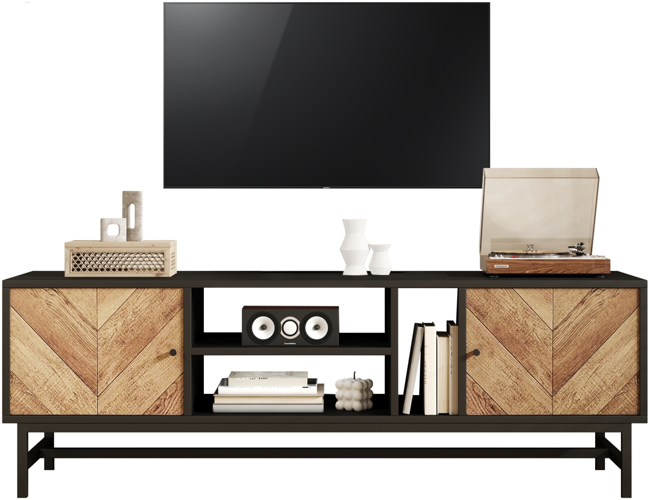 Merax 150 cm TV-Schrank – Schwarz-Holz-Kontrastdesign mit vielseitigem Stauraum, inkl. Schränken, horizontalen und vertikalen Fächern Bild 1