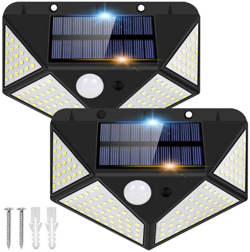 MUPOO LED Außen-Wandleuchte 128/170LED Solarleuchte 300°Weitwinkel Solar Wandleuchte Gartenleuchte, 4-seitiger Weitwinkel 128LEDs, Drahtlose für Außen Veranda Garten Haustür Hof Bild 1
