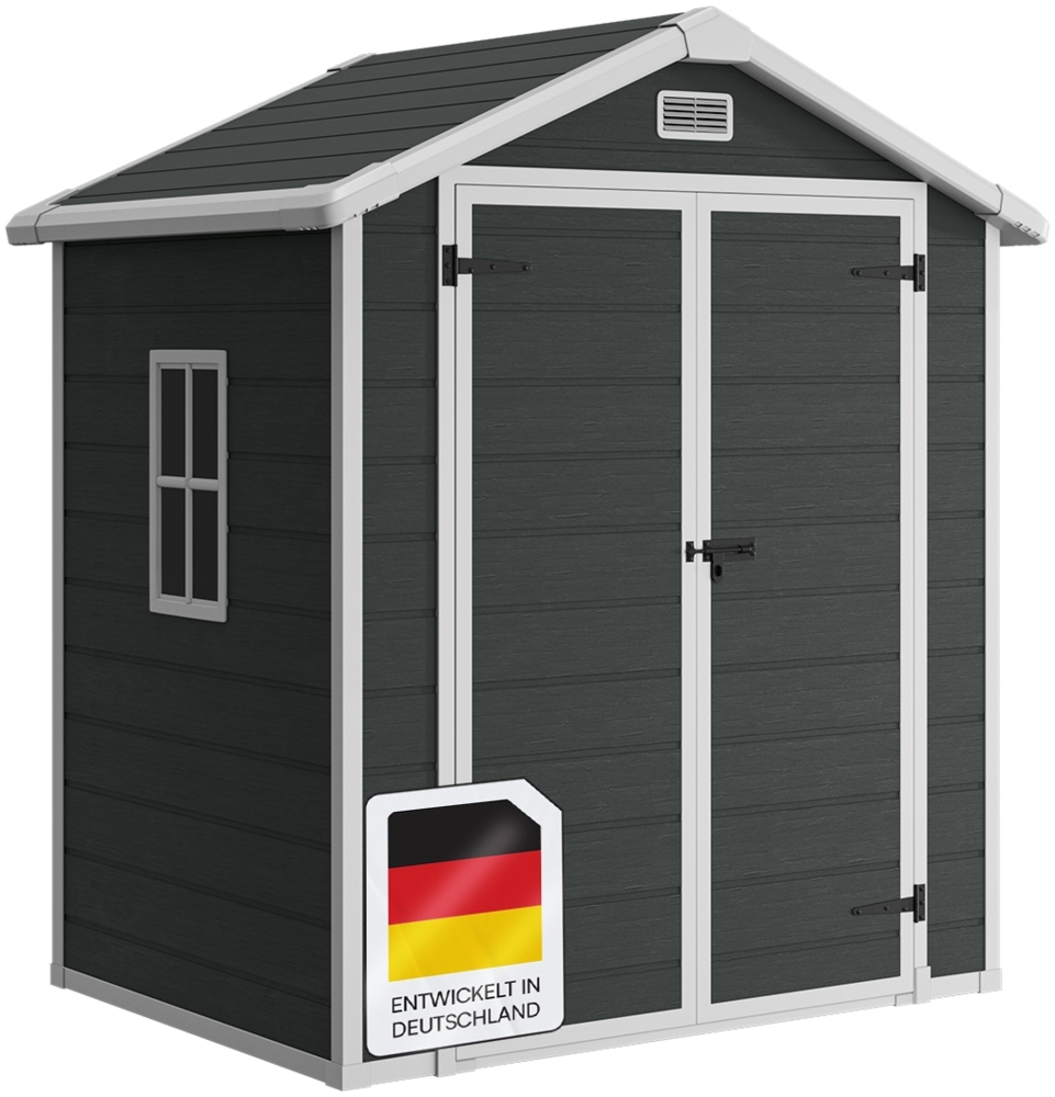 STEELSØN 'Novara' Gerätehaus Satteldach, Kunststoff, dunkelgrau, wetterfest, 210x134x182 cm, abschließbar, Gartenhaus mit Fenster Bild 1