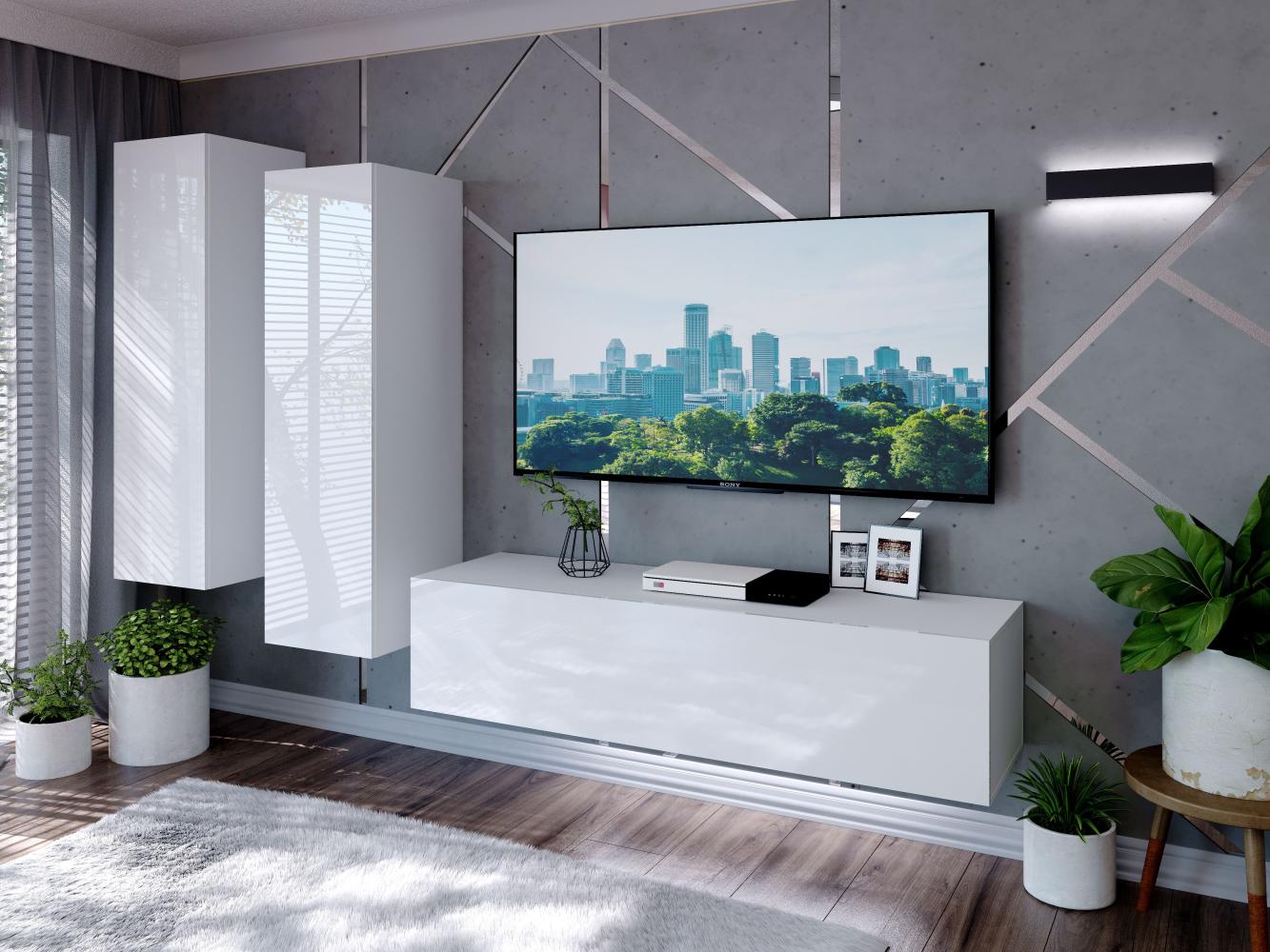 Domando Wohnwand Imperia M7 Modern für Wohnzimmer Breite 250cm, variabel hängbar, Push-to-open-System, LED Beleuchtung in weiß, Hochglanz in Weiß Matt und Weiß Hochglanz Bild 1