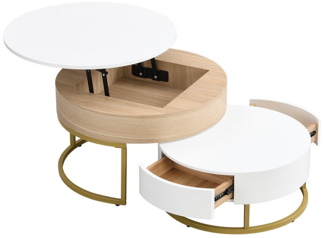 KLAM HOME Couchtisch Beistelltisch Sofatisch mit goldenen Metallrahmen und Schubladen (hochklappbare Couchtischkombination, 2-teiliges Set), Beistelltisch mit zwei Schubladen,Weiß/Schwarz+ Holzfarbe,MDF Bild 1