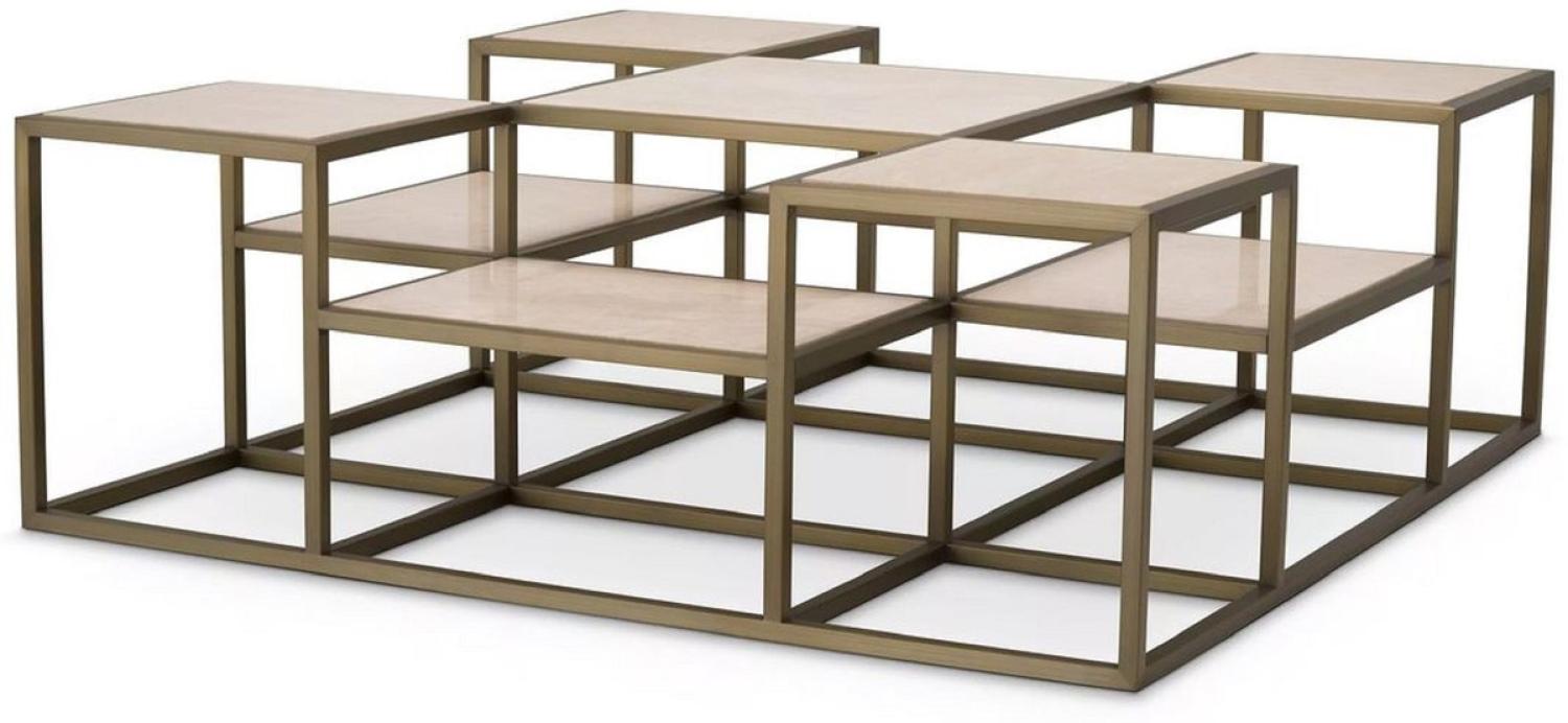 Casa Padrino Luxus Couchtisch Messing / Beige 120 x 120 x H. 41,5 cm - Quadratischer Edelstahl Wohnzimmertisch mit Travertin Tischplatten - Wohnzimmer Möbel - Luxus Möbel - Luxus Einrichtung Bild 1