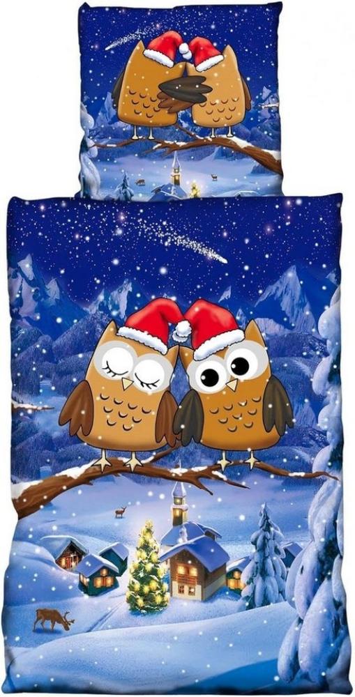 Buymax Bettwäsche Fleece Bettbezug-Set Eulen, Fleece, 2 teilig, 135x200 cm, Weihnachten Wintermotiv, Schnee, Blau Bild 1