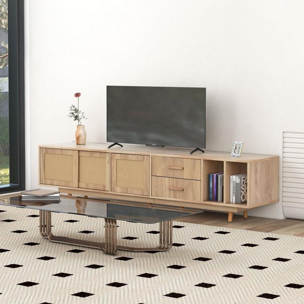 Merax Lowboard mit Rattan Geflochten Türen und 2 Schubladen, TV-Schrank aus Holz, TV-Ständer mit Schiebtüren im Landhausstil, belastbar bis 50kg Bild 1