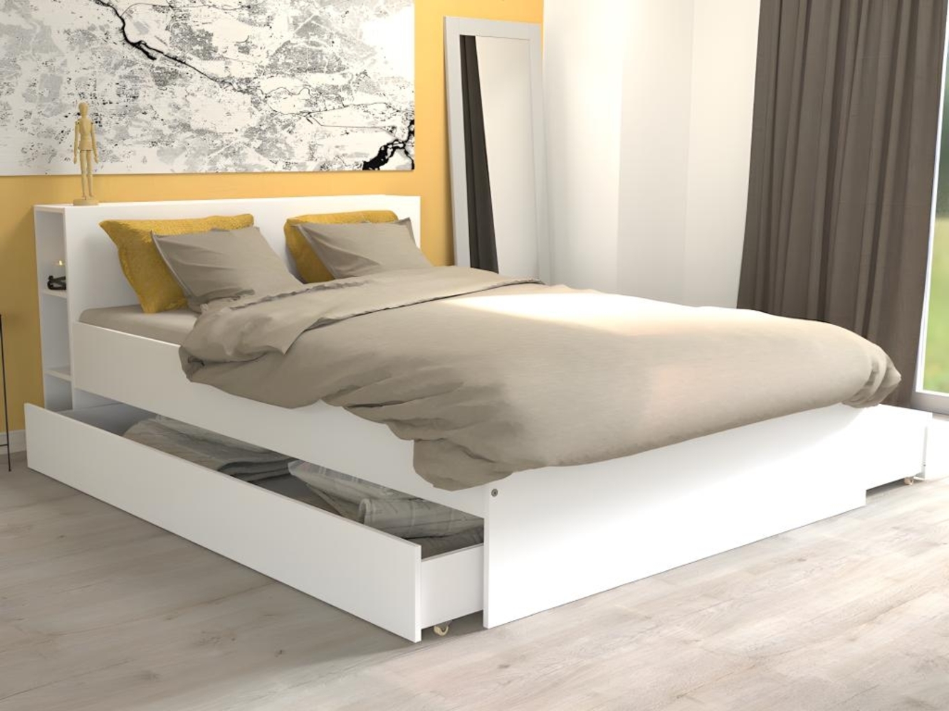 Vente-unique - Bett mit Kopfteil & Stauraum & Schubladen + Lattenrost - 140 x 190 cm - Weiß - EUGENE Bild 1