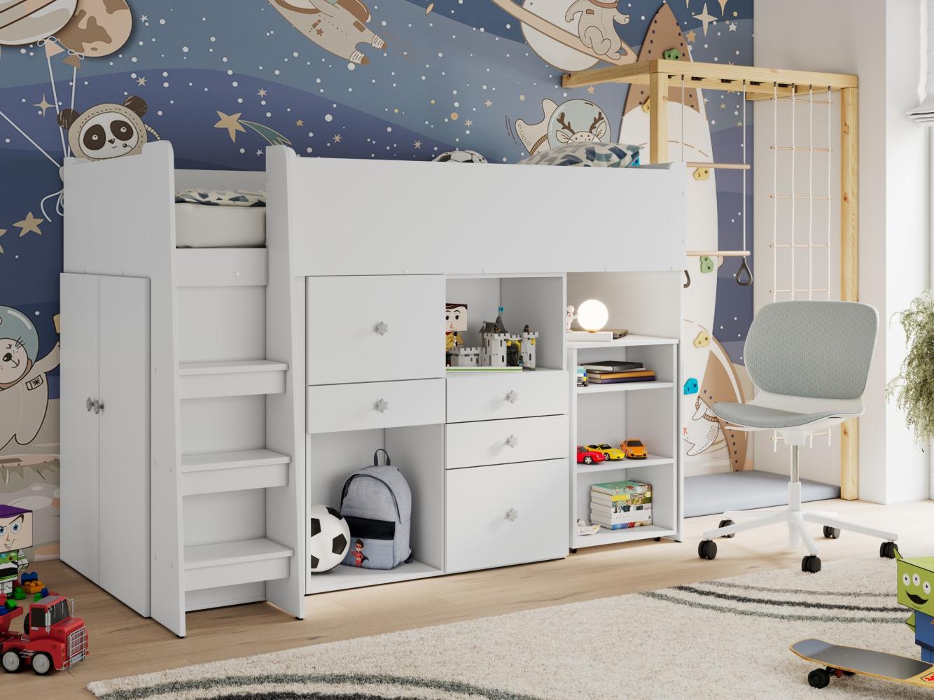 Hochbett CASTELLO PRIMA für einen Jungen, Kinderbett mit Schrank und Matratze 90x200 - Weiß und Grau Bild 1