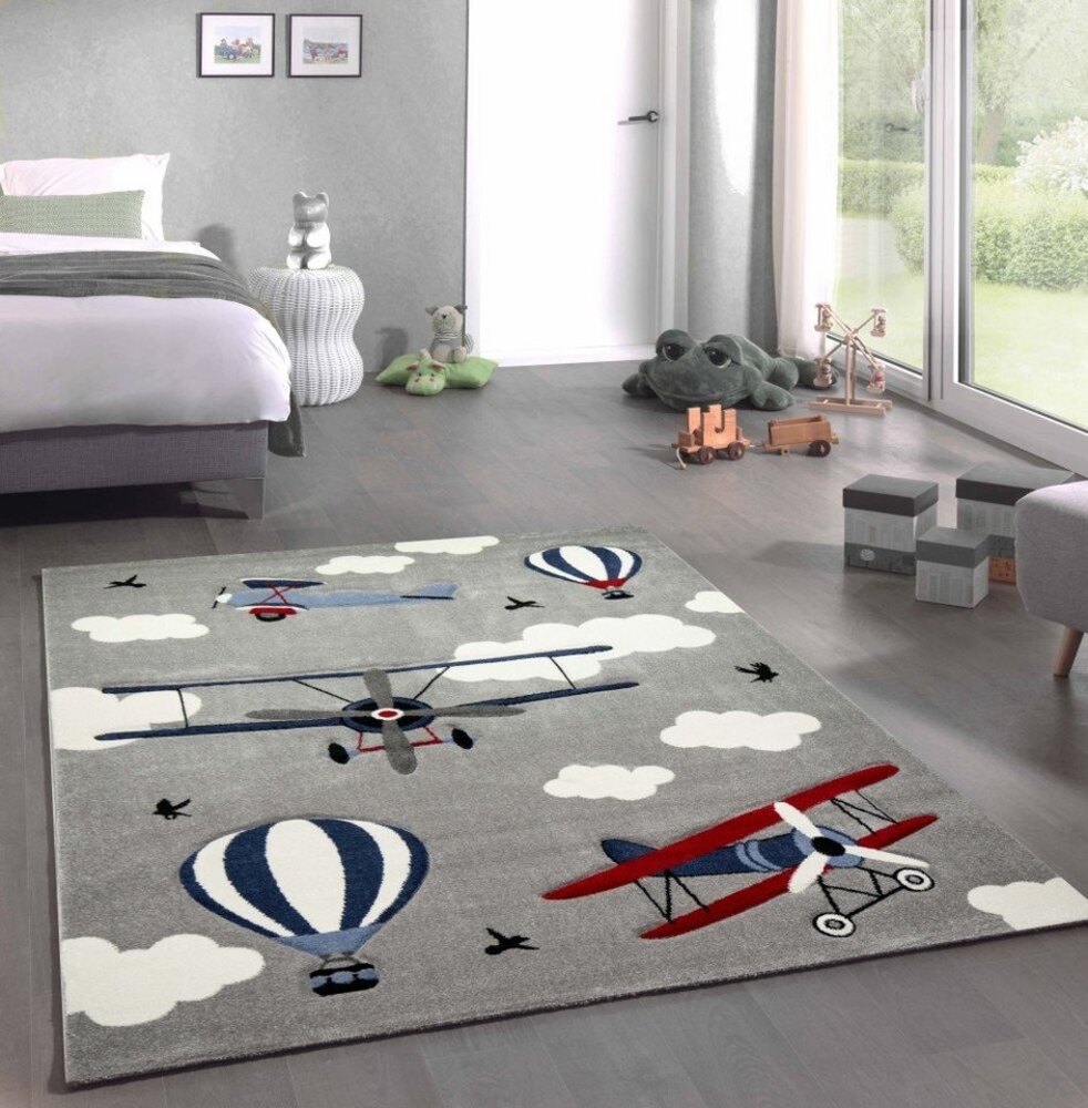 Carpetia Kinderteppich Teppich Kinderzimmer Flugzeuge Doppeldecker grau blau creme, rechteckig, Höhe: 13 mm Bild 1