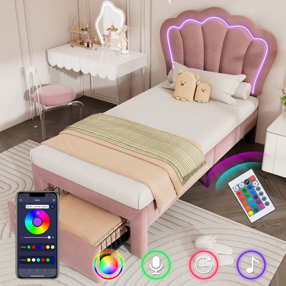 Merax Kinderbett LED Einzelbett 90 x 200 cm mit Schubladen Polsterbett APP-Control LED Bettgestell Lattenrost und Verstellbares Kopfteil, Samt, Rosa Bild 1