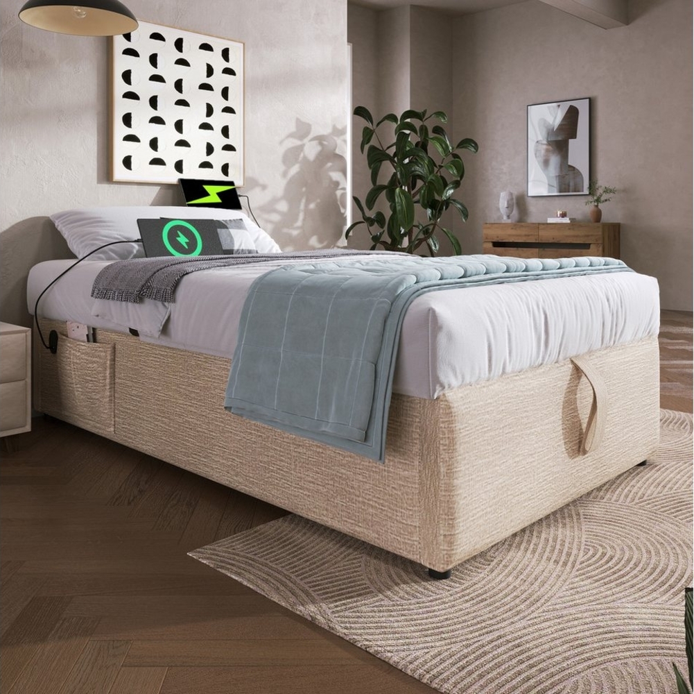 TavilaEcon Boxspringbett mit USB- C und Vollflächiger Lattenrost, ohne Kopfteil, 90×190/140×200/160×200/90×200cm, Metall + Leinen + Massivholz, beige Bild 1