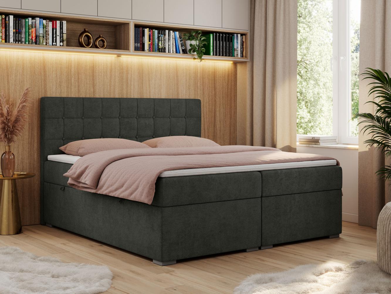 Boxspringbett, Doppelbett, Polsterbett mit Kopfstütze - CARMEN - 160x200cm - Dunkelgrau Stoff - H4 Bild 1