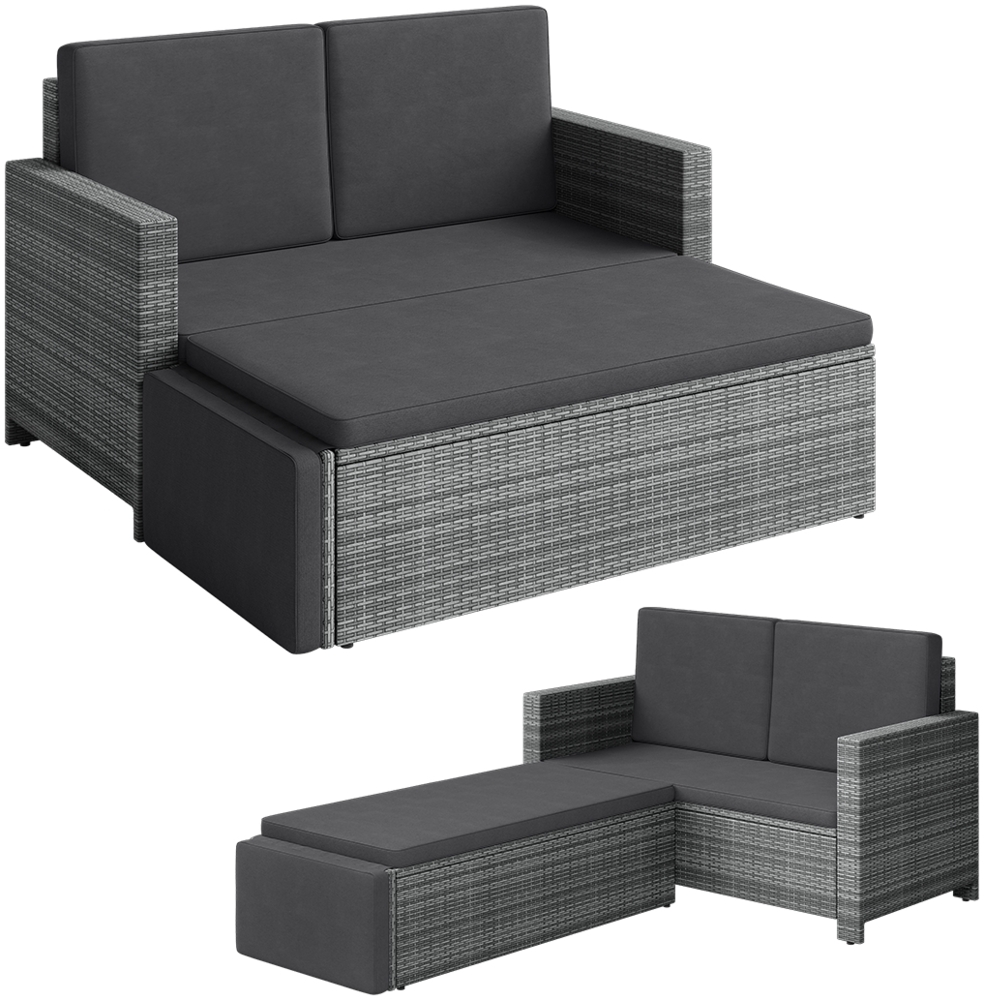 STEELSØN 'Elnath' Polyrattan Gartensofa 2er-Sitzer mit Hocker, klappbar, grau-meliert/anthrazit, wetterfest, Sonnenlounge inkl. Kissen Bild 1
