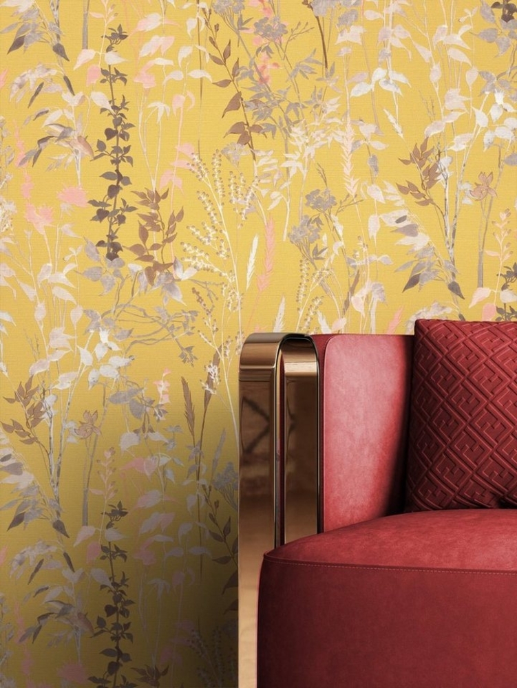 Newroom Vliestapete, Gelb Tapete Floral Blumen - Blumentapete Beige Koralle Romantisch Modern Blätter Zweige für Wohnzimmer Schlafzimmer Küche Bild 1