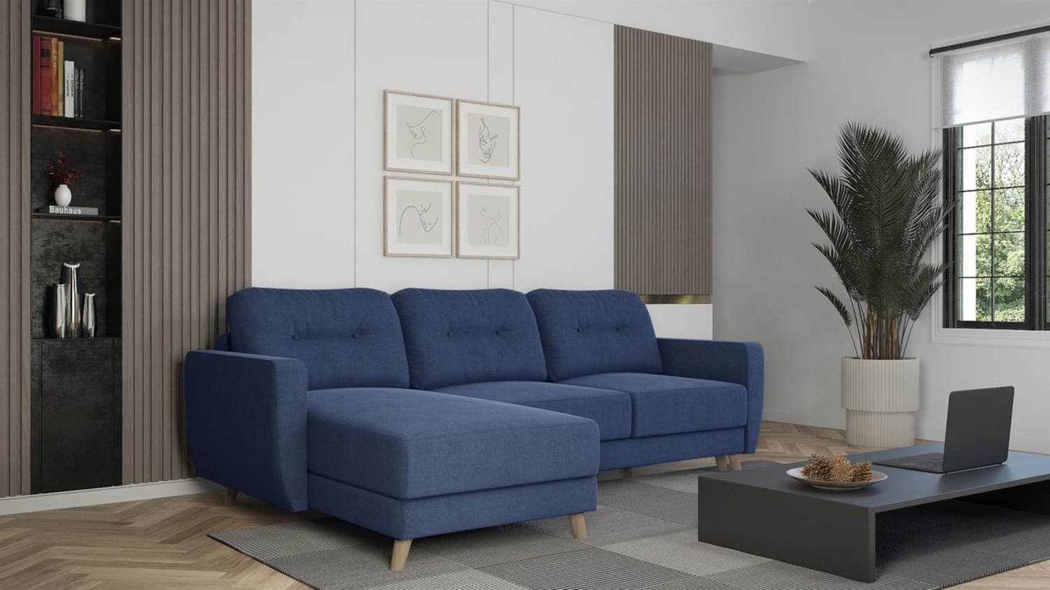 Ecksofa Sofa mit Schlaffunktion MARLIES Stoff Sawana Jeansblau Ottomane Links Bild 1