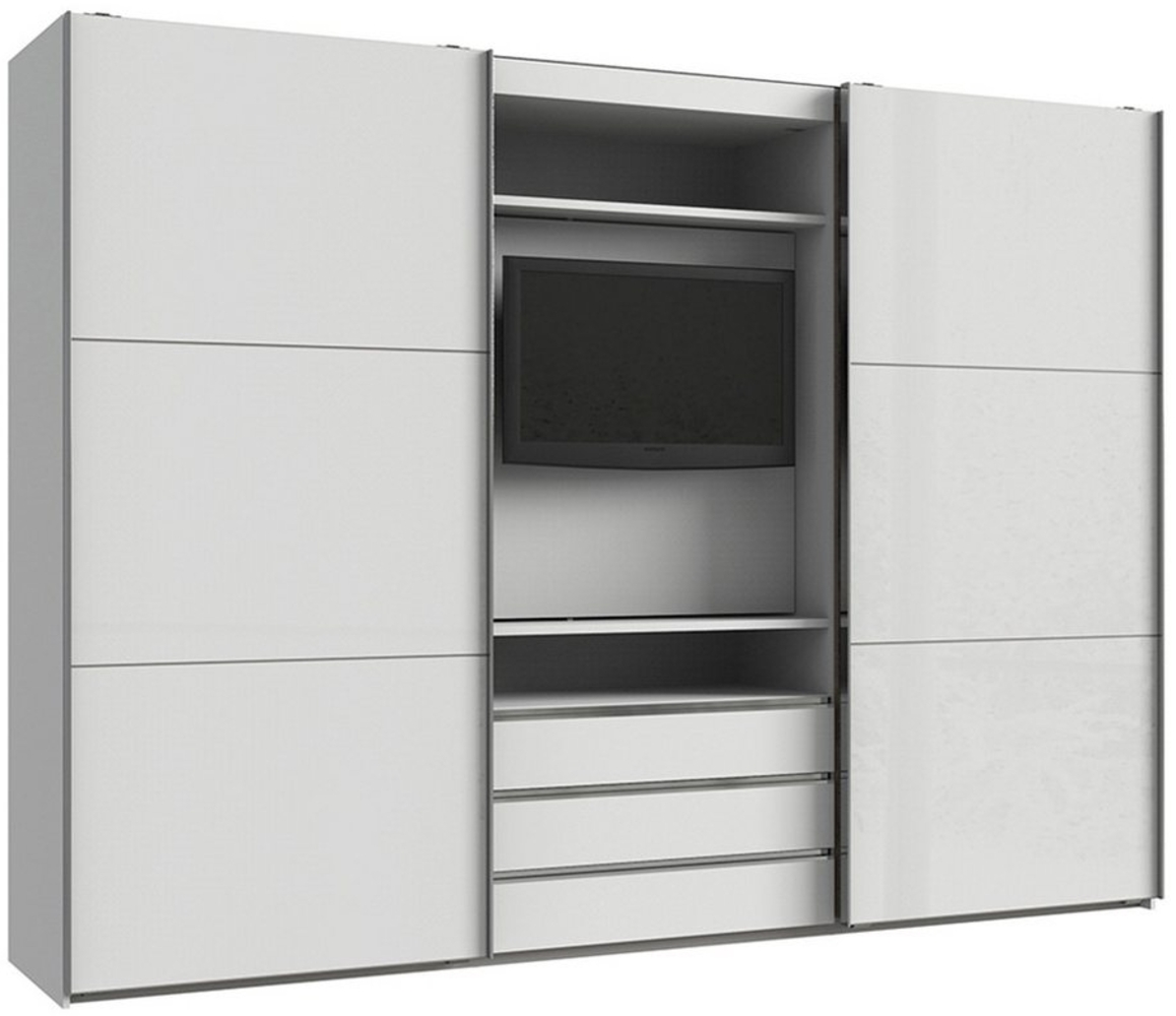 Lomadox Kleiderschrank MIDLAND-43 in weiß Schwebetüren mit Glasfronten TV Halterung 300x216x65 cm Bild 1