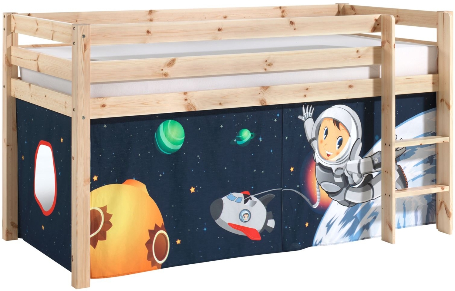 Kinderbett Karolina 210x114x106 Massivholz Natur Textilset Spaceman Bild 1