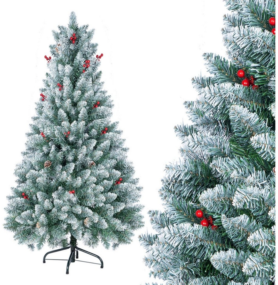 Homewit Künstlicher Weihnachtsbaum 120/ 150/ 180 cm künstliche grüne Tannenbaum mit Metallständer, schneebedeckter Tannenbaum Kiefernzapfe und, rote Beere Bild 1