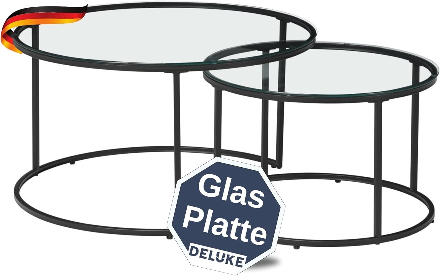 DELUKE® Couchtisch Glas LENO 2er Set - runder Beistelltisch Satztisch Sofatisch rund Kaffeetisch Laptoptisch Abstelltisch Glastisch klein Klarglas Bild 1