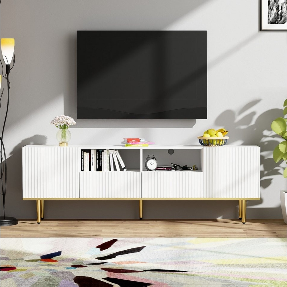 Refined Living Lowboard Moderner TV-Schrank Wohnzimmer TV-Schrank TV-Möbel Fernsehtisch (2 Türen, mit 2 Fächern, 2 Schubladen, mit goldenen Füßen und goldenem Rand, Multifunktion), Moderne goldene Akzente, Hochwertige Materialien, GroBer Stauraum Bild 1