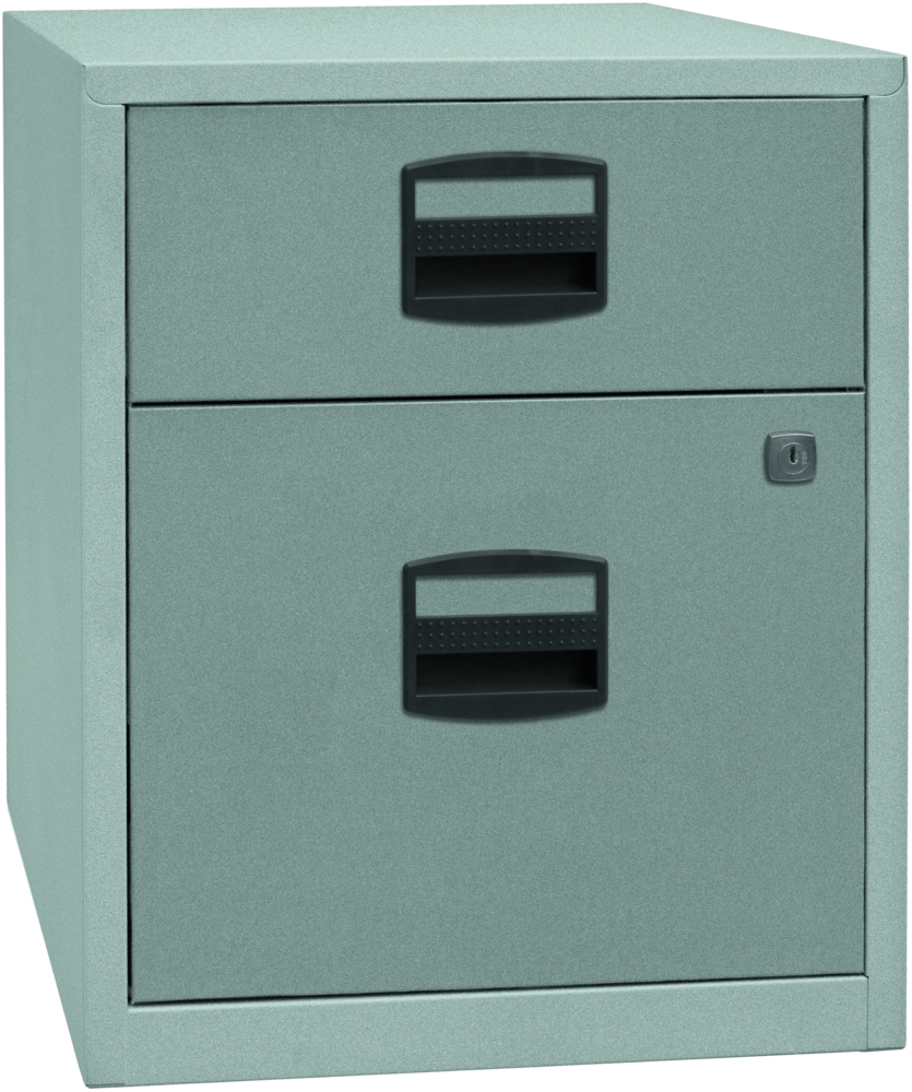 Bisley Home Beistellschrank auf Rollen mit Schloss aus Stahlblech, 1 Universal-Schublade + 1 Hängeregistratur-Schub einbahnig abschließbar - für Hängemappen & Büromaterial - Farbe: silber, PFAM1S1F-355 Bild 1