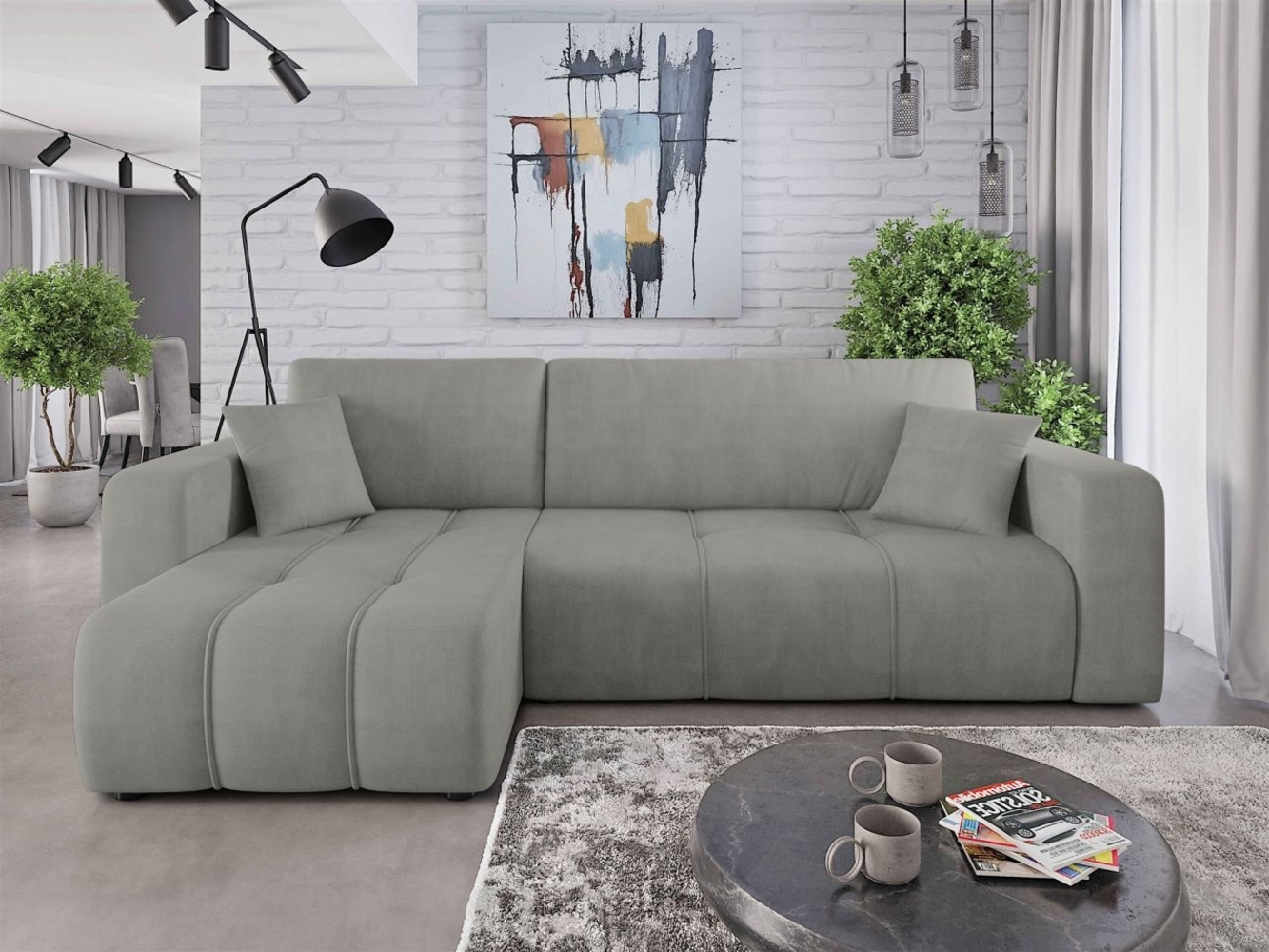 Ecksofa mit Schlaffunktion Sofa DAGNY in Stoff Cosmic Hellgrau Ottomane Links Bild 1