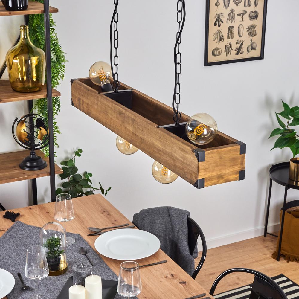 hofstein Pendelleuchte »Spezia« Hängelampe aus Metall/Holz in Schwarz/Natur, ohne Leuchtmittel, mit Holzstab, Ketten-Gliedern u. verstellbaren Leuchtenschirmen, E27 Bild 1