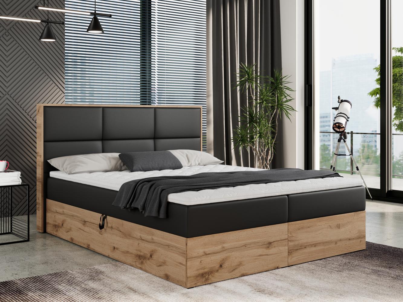 Boxspringbett mit Kopfteil und Topper, Polsterbett - ALBERO 2 - 140 x 200 cm - Schwarz Kunstleder - H4 Bild 1