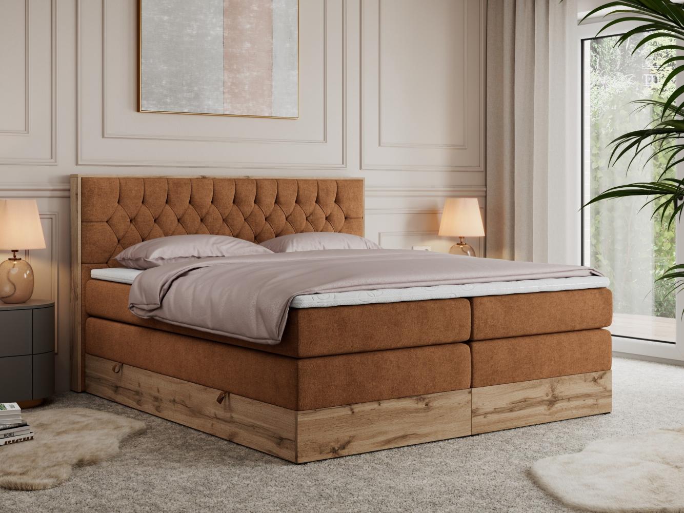 Boxspringbett AMORE KING, Doppelbett mit Multipocket-Matratze, Polsterbett mit Kopfstütze - 180x200 cm - Orange Stoff - H4 Bild 1