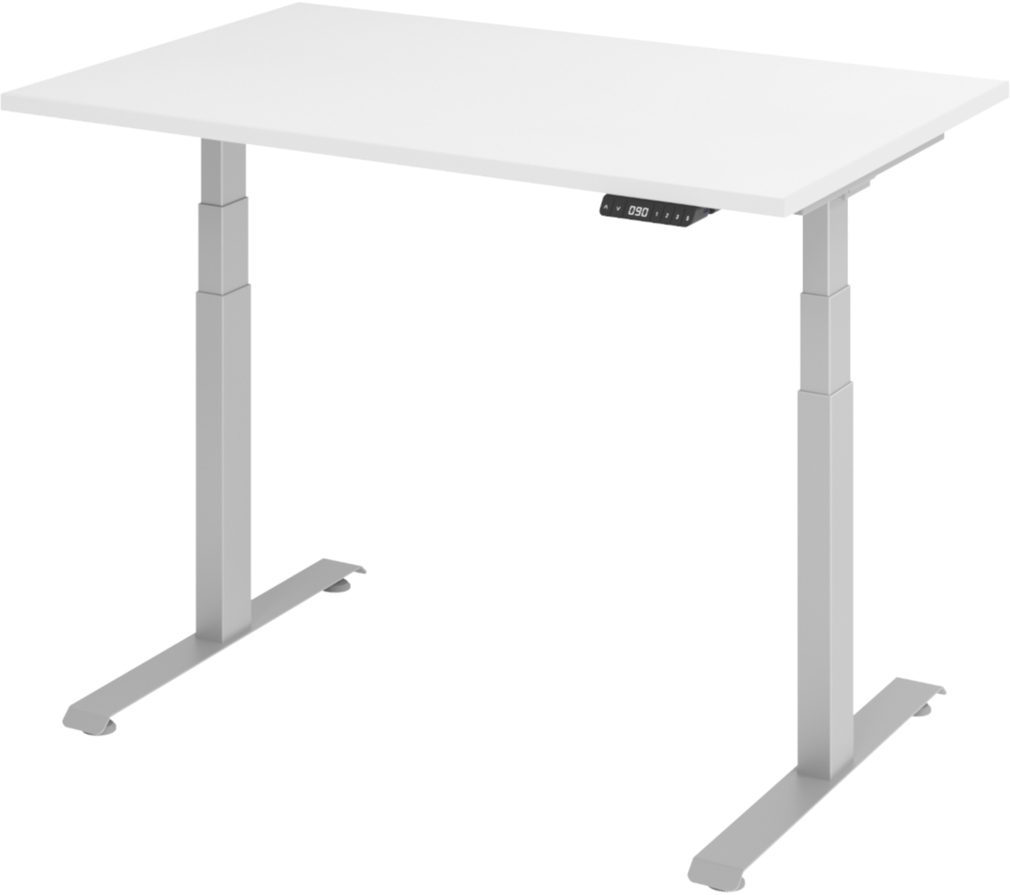 bümö höhenverstellbarer Schreibtisch 120x80 cm in weiß, Gestell silber - Höhenverstellbar Elektrisch Stehpult mit 3-fach Speicher, Computertisch, Ergonomischer Steh-Sitz Tisch, Bürotisch, LXK65-12-W-S Bild 1