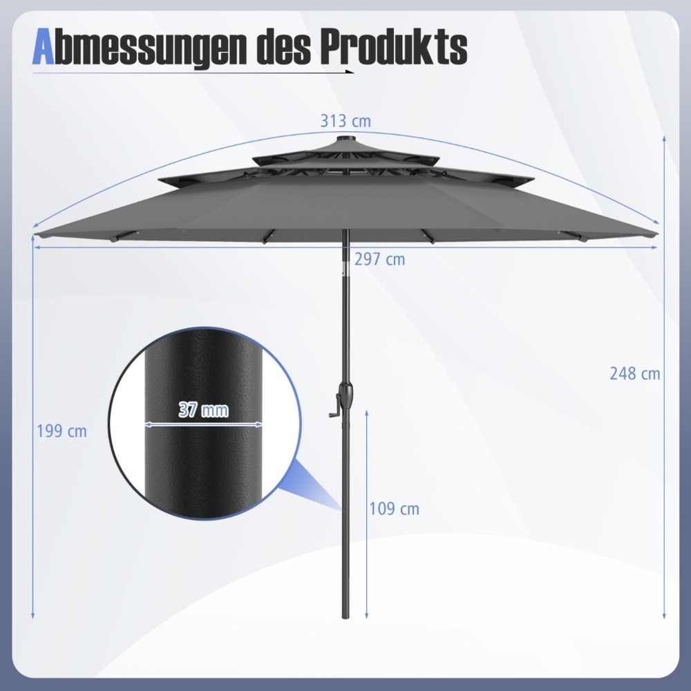 3-stöckiger Sonnenschirm mit Kurbel Beidseitig um 30° Knickbarer Gartenschirm Terrassenschirm Grau Bild 1