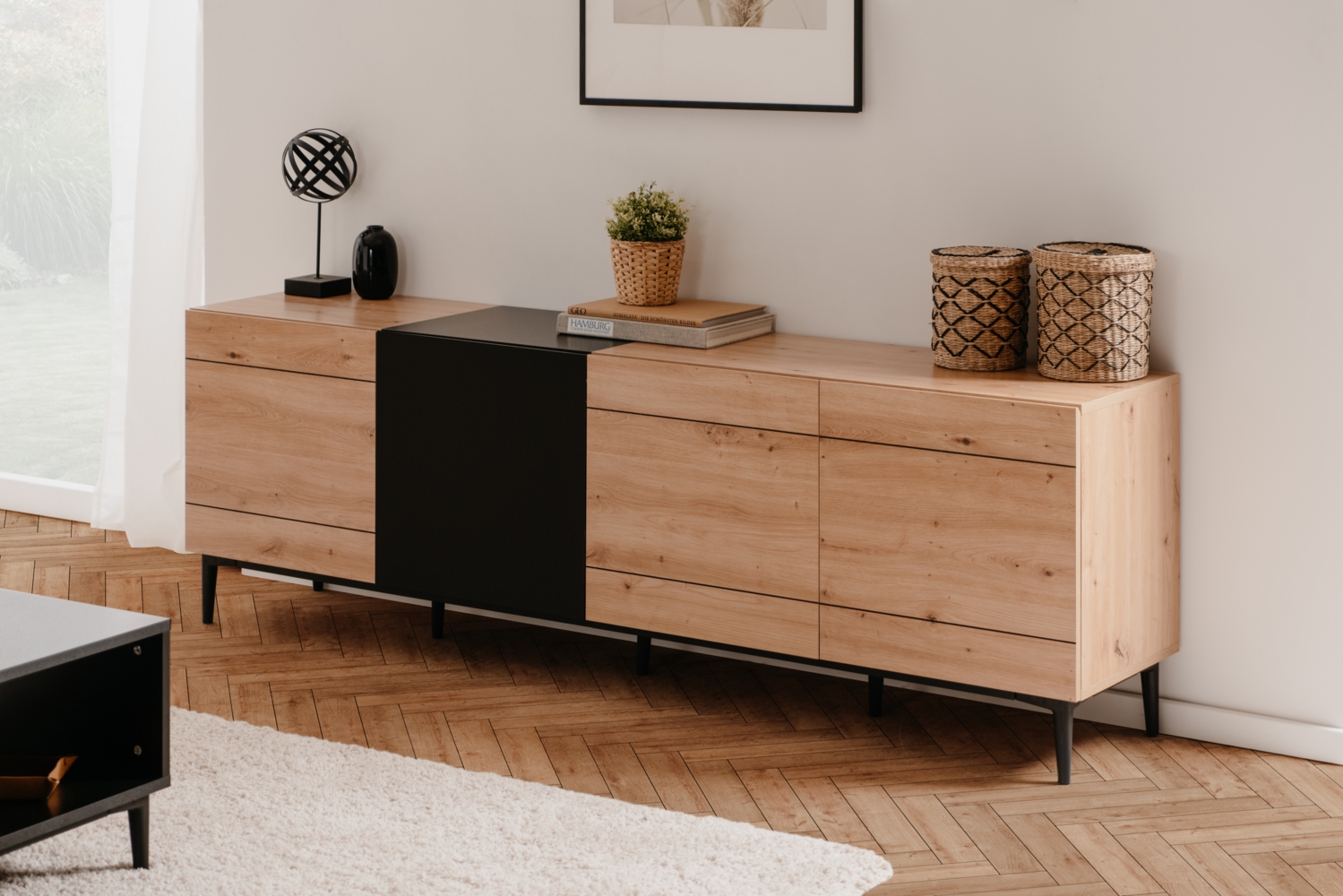 Nola 57A Lowboard, Dekor Artisan Oak / schwarz | Lowboard für Wohnzimmer | Maß: B x H x T ca. 200 x 65 x 42 cm | Lowboard mit 4 großen Türen (mit je 1 Einlegeboden dahinter) Bild 1