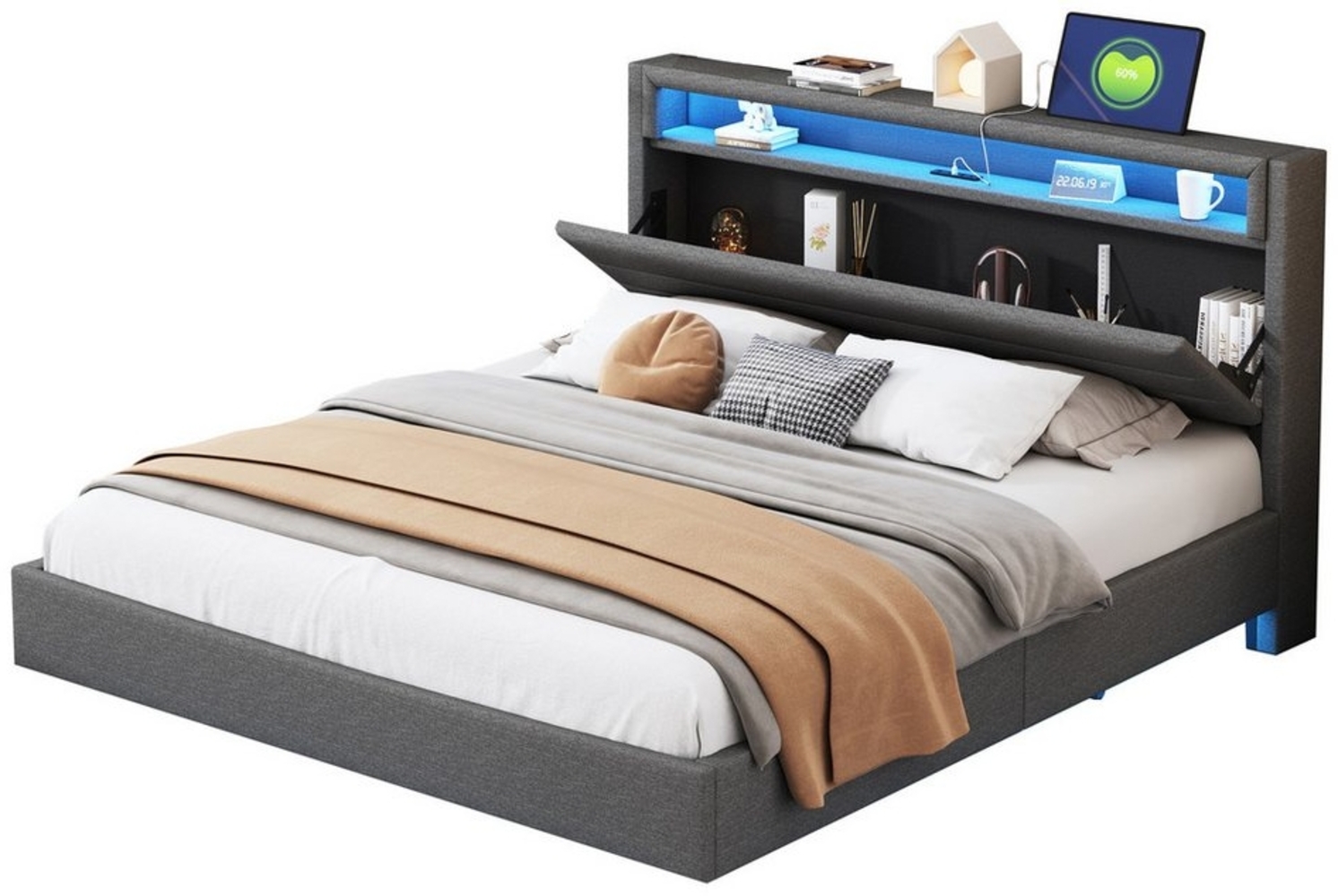 REDOM Polsterbett Doppelbett Kinderbett Stauraumbett Jugendbett Funktionsbett Gästebett (mit USB-Steckdose und LED-Licht, Wendbares Kopfteil, Verdecktes Fußteil, Jugendbett, Erwachsenenbett, 140 x 200cm), Ohne Matratze Bild 1