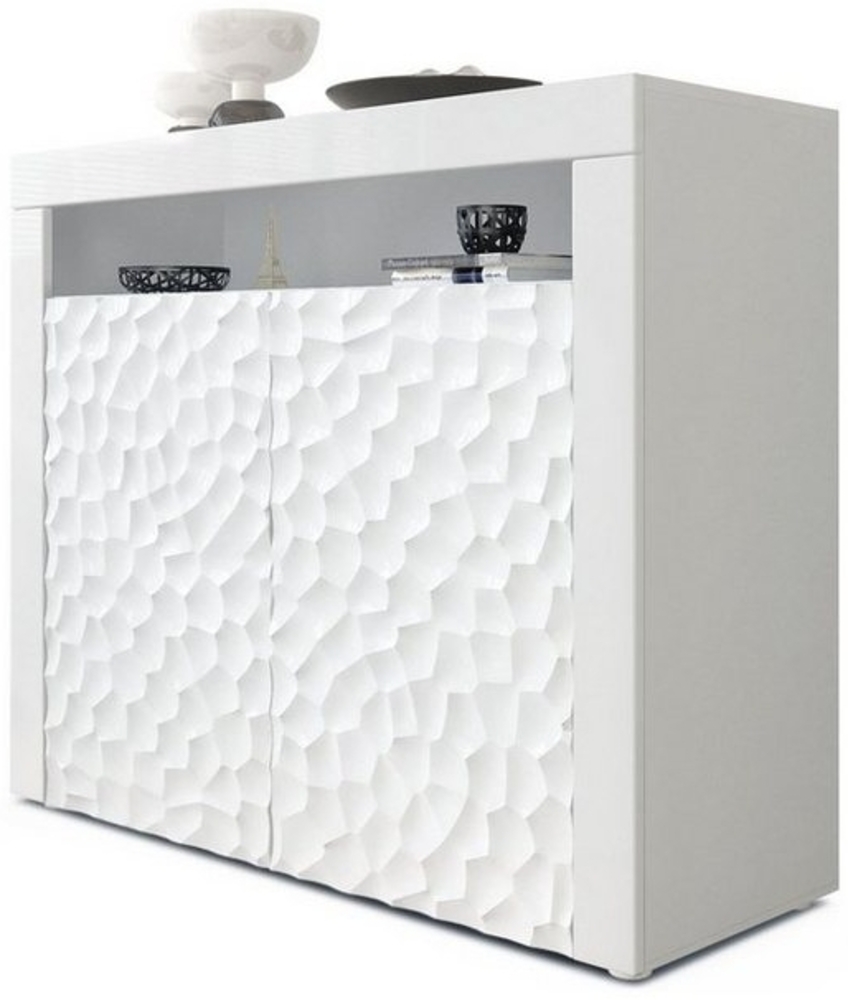 Vladon Kommode Valencia, Sideboard mit 2 Türen und 1 offenem Fach, Weiß matt/Weiß Hochglanz Calypso mit 3D Struktur/Weiß Hochglanz (108 x 92 x 40 cm) Bild 1