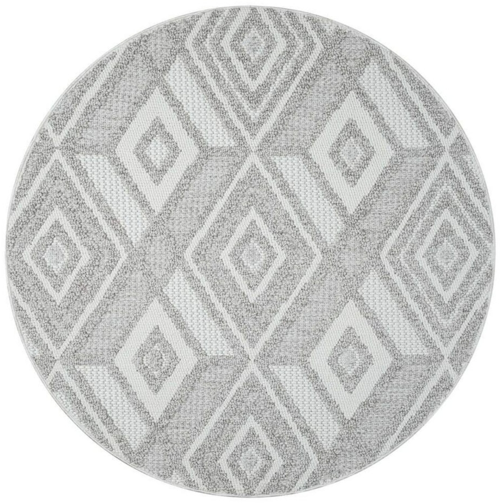 carpet city Teppich Kurzflor Wohnzimmer - Grau, Beige - 120x120 cm Rund - Teppiche Boho-Style - Rauten-Muster - Schlafzimmer, Esszimmer Bild 1