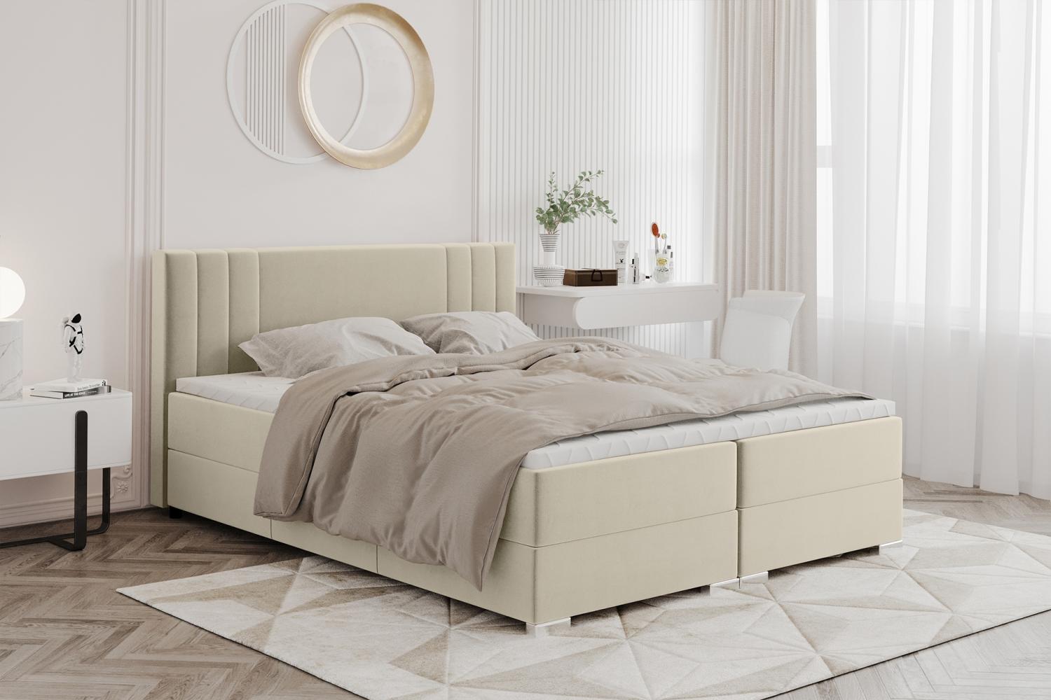 MEBLINI Boxspringbett ALBA 180x200 cm mit Bettkasten – H3P/Beige Samt Polsterbett - Doppelbett mit Topper & Taschenfederkern-Matratze Bild 1