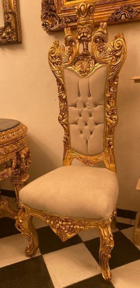 Casa Padrino Chefsessel Barock Thron Stuhl Creme / Gold - Handgefertigter Hochlehn Esszimmer Stuhl mit Samtstoff und Glitzersteinen - Barock Esszimmer Möbel Bild 1